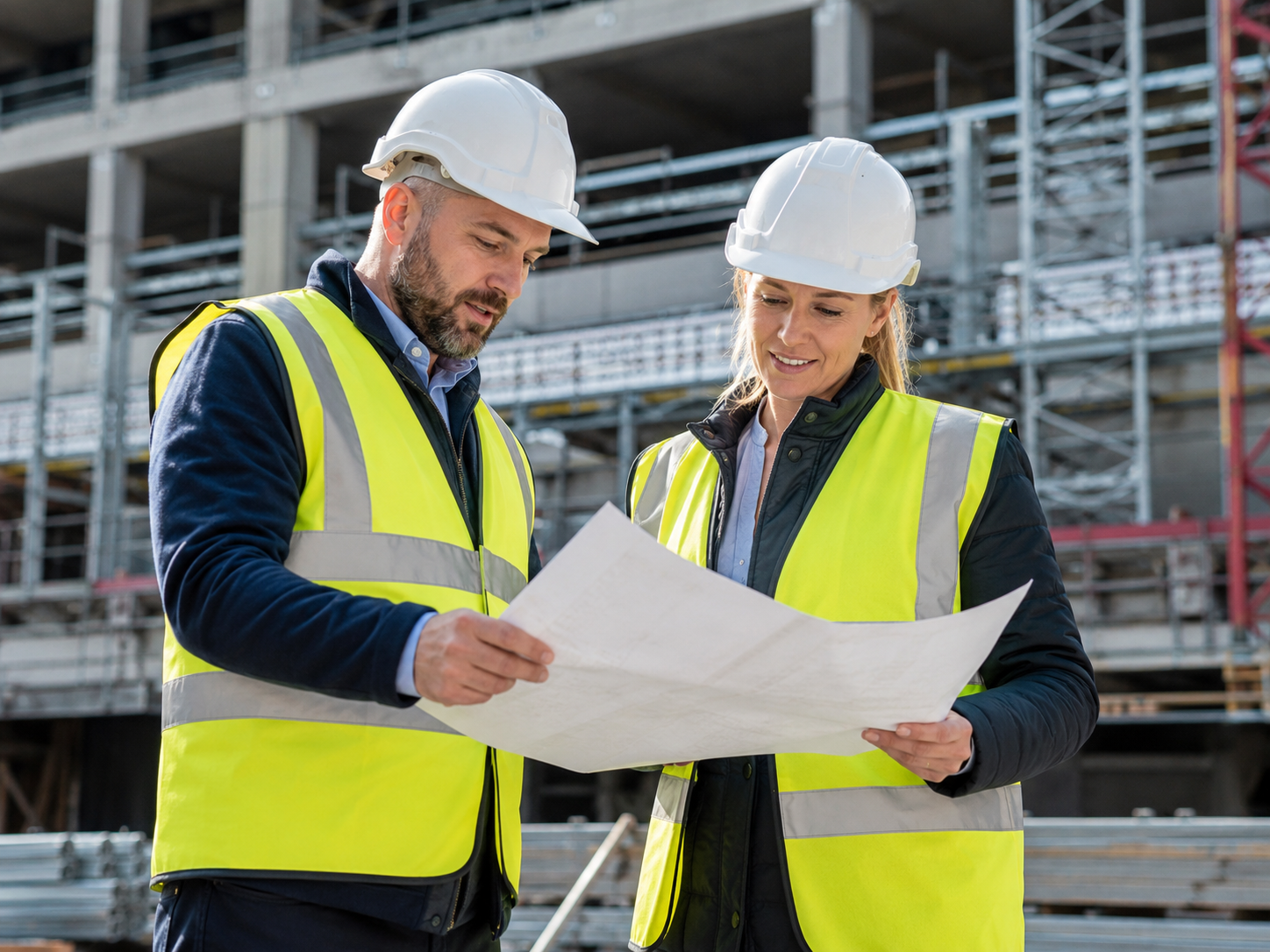 Construction professionals discussing workforce solutions on site